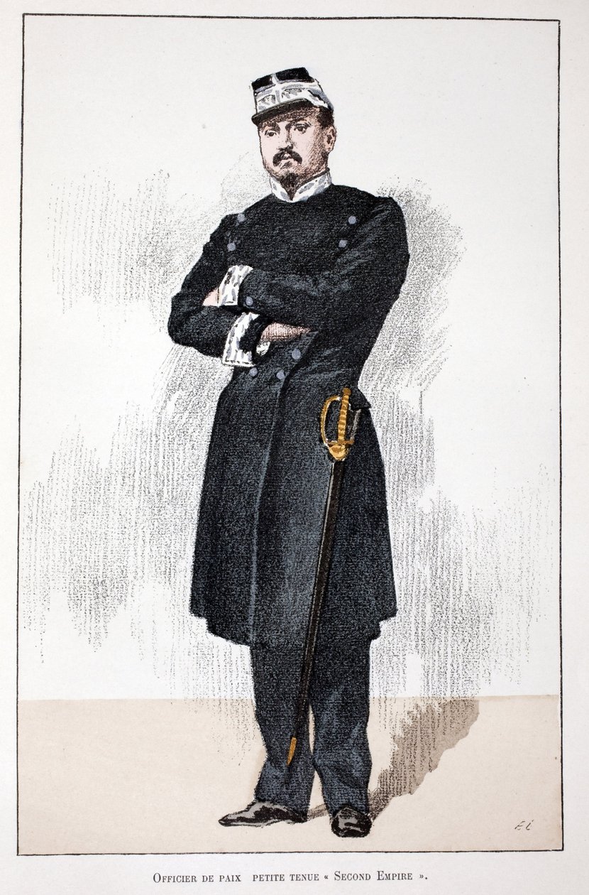 Barış Memuru, Küçük İkinci İmparatorluk Elbisesi (1852-1870). Renklerle gravür, illüstrasyon için, Seine polisi Louis Lepine (1846-1933) himayesinde yayınlanan ““Barış Muhafızları Kolordu Tarihi”” kitabı, Alfred Rey (186) tarafından by Unknown artist