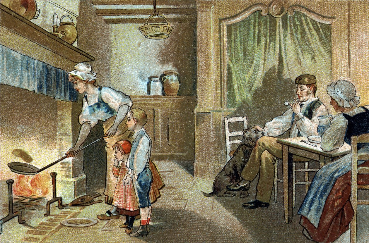 Berry bölgesinde kutlanan eski bir gelenek: şamdanlı krepler. 19. yüzyılın sonlarında kromolitografi. by Unknown artist