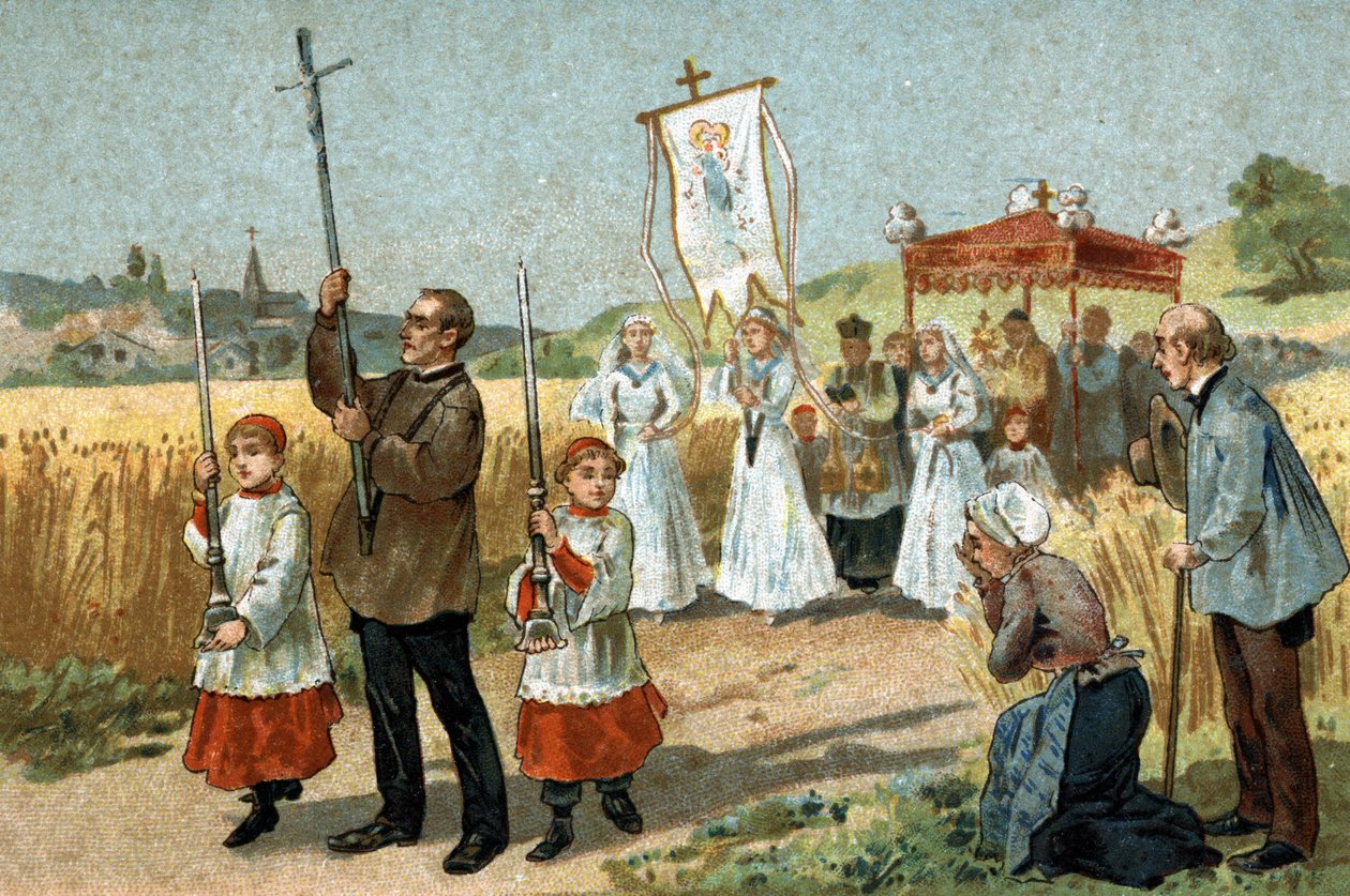 Berry bölgesinde kutlanan eski bir gelenek: buğday alayı. Dini bayram. 19. yüzyılın sonlarında kromolitografi. by Unknown artist
