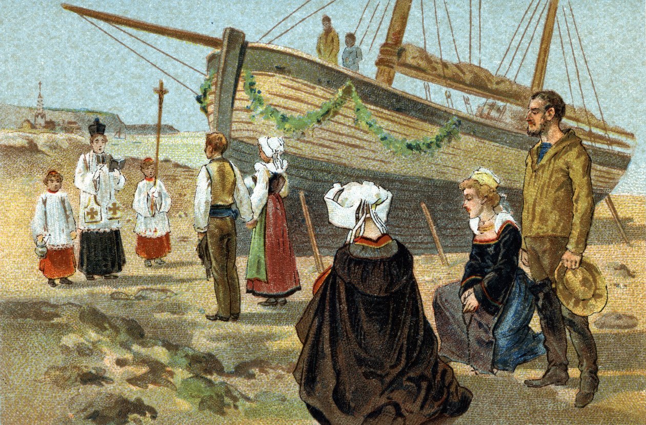 Brittany bölgesinde kutlanan eski bir gelenek: bir balıkçı teknesinin vaftizi. 19. yüzyılın sonlarında kromolitografi. by Unknown artist