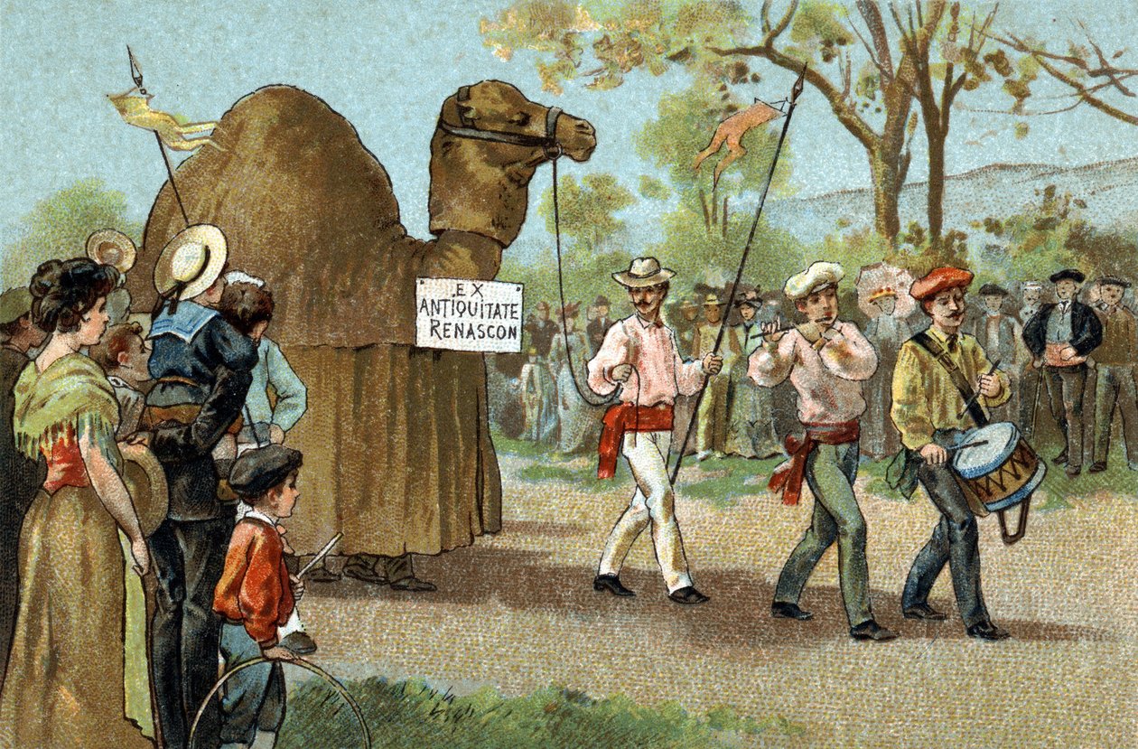 Languedoc bölgesinde kutlanan eski gelenek: Aziz Afrodit gününde deve yürüyüşü. 19. yüzyılın sonlarında kromolitografi. by Unknown artist