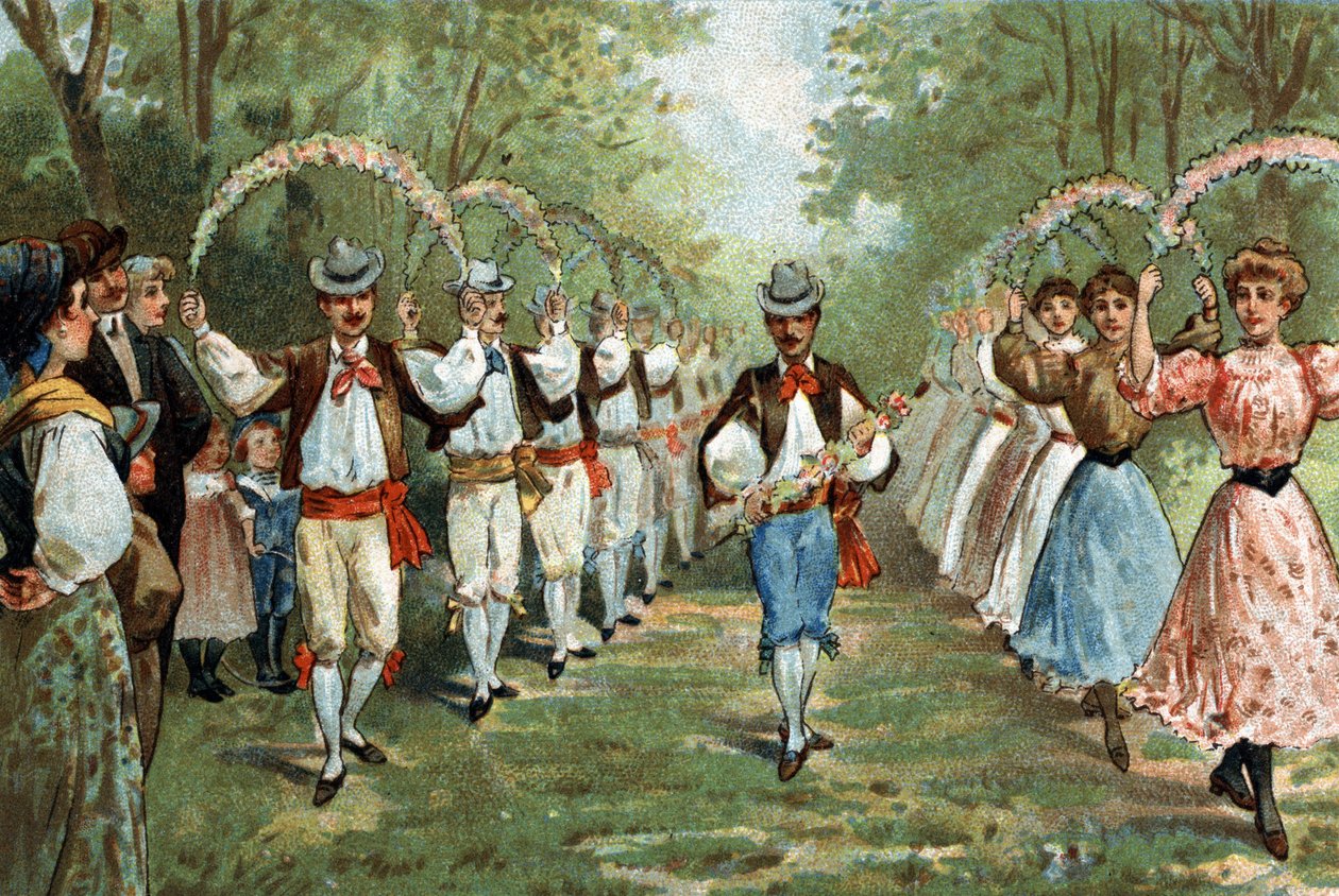 Languedoc bölgesinde kutlanan eski bir gelenek: kafeslerin dansı. 19. yüzyılın sonlarında kromolitografi. by Unknown artist