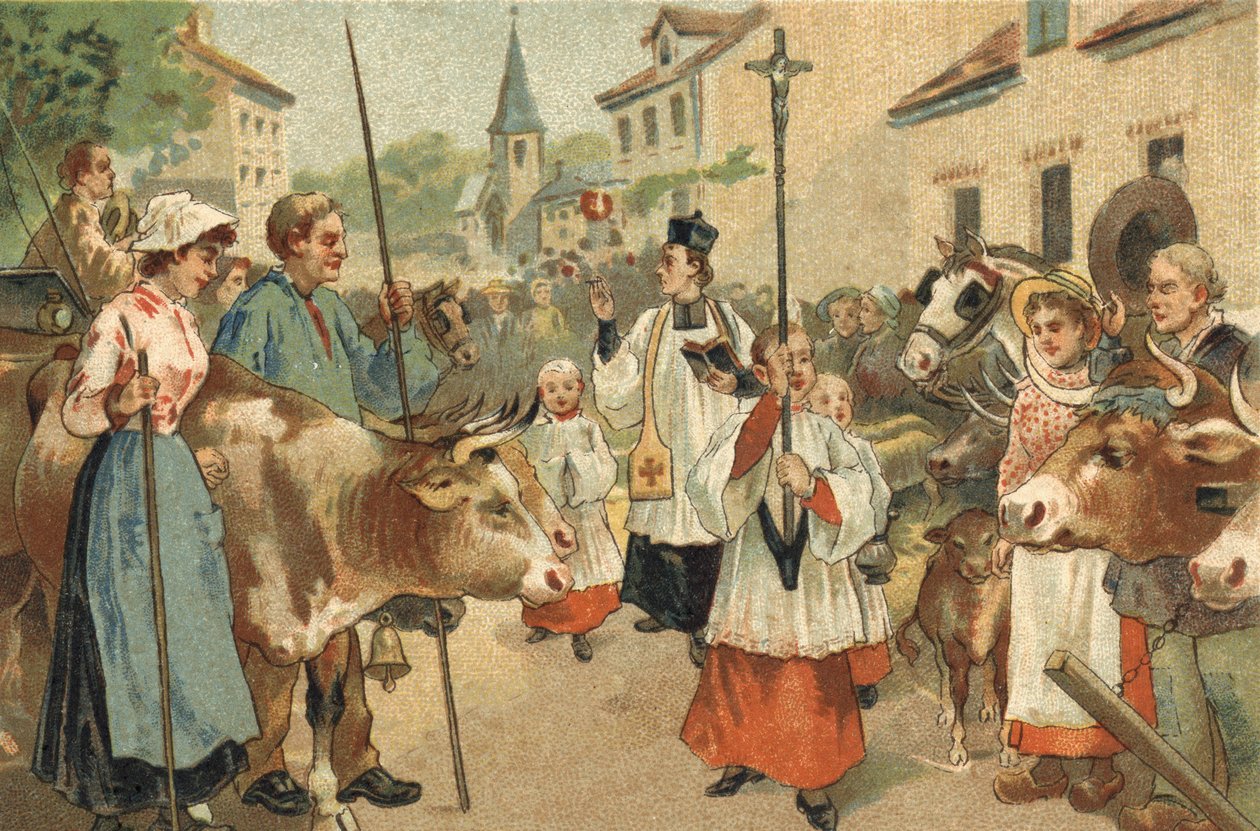 Nivernais bölgesinde kutlanan eski bir gelenek: sürülerin kutsanması. 19. yüzyılın sonlarında kromolitografi. by Unknown artist