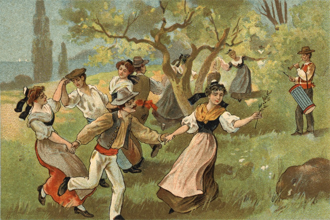 Provence bölgesinde kutlanan eski bir gelenek: ipekböceği hasat şenlikleri için farandole. 19. yüzyılın sonlarında kromolitografi. by Unknown artist