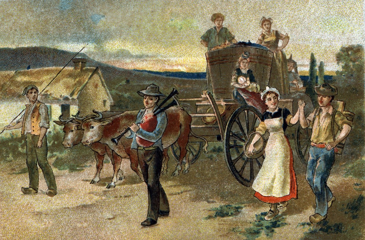 Burgonya bölgesinde kutlanan eski bir gelenek: Hasat Festivali. Son bağbozumu. 19. yüzyılın sonlarında kromolitografi. by Unknown artist