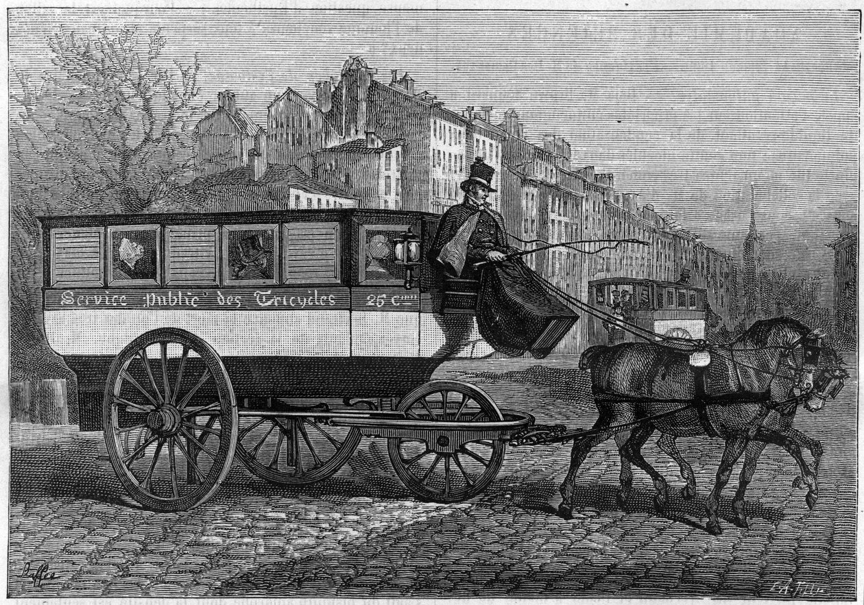 Omnibus, Paris sokaklarında üç tekerlekli veya üç tekerlekli bisiklete sahiptir. “” Doğada Gravür. Bilim dergisi ve sanat ve endüstriye uygulamaları. by Unknown artist