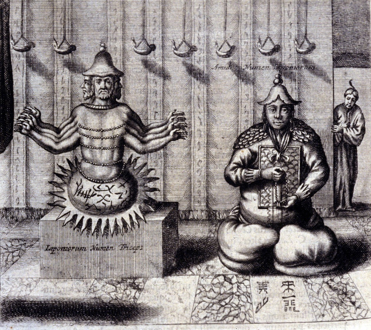 Solda Hindu tanrısının sekiz kolu, sağda Amida, Japon Budası var. Athanasius Kircher (1601 - 1680), Cizvit, Oryantalist ve Alman bilim adamı, Amsterdam 1667 tarafından “De China Monumenta”. by Unknown artist