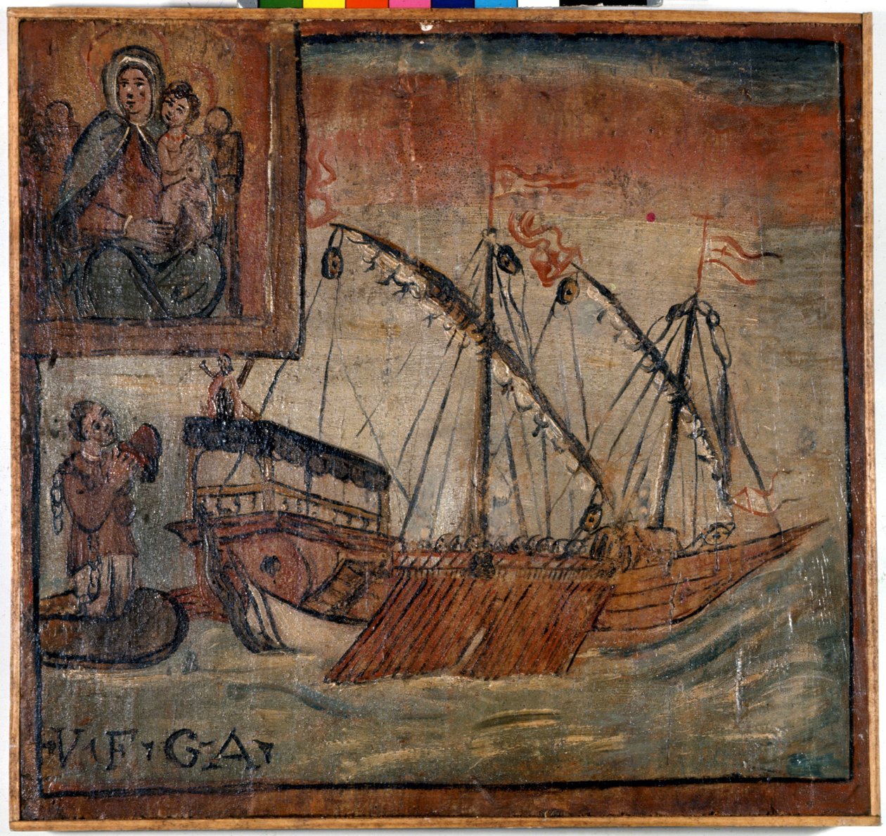 Sol tarafta, teslim edildiği için Madonna dell'Arco'ya teşekkür eden kanalları taşıyan eski bir galeri; bu arada, mutfak uzaklaşıyor. 17. yüzyılın eski oy hakkı. Madonna dell'Arco Kilisesi. by Unknown artist