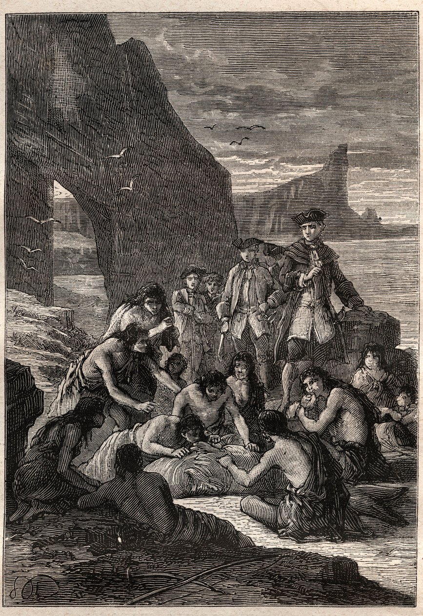 Bunlardan biri dişlerle ayrıldı: Magellan Detroit adalarından birinde Amiral Yardımcısı John Byron (1723-1786) - Fuegians (Tierra del Fuego sakinleri) dişleriyle yırtılmış ve taşlaşmış bir balinayı ayırıyor sahilde - hasta by Unknown artist