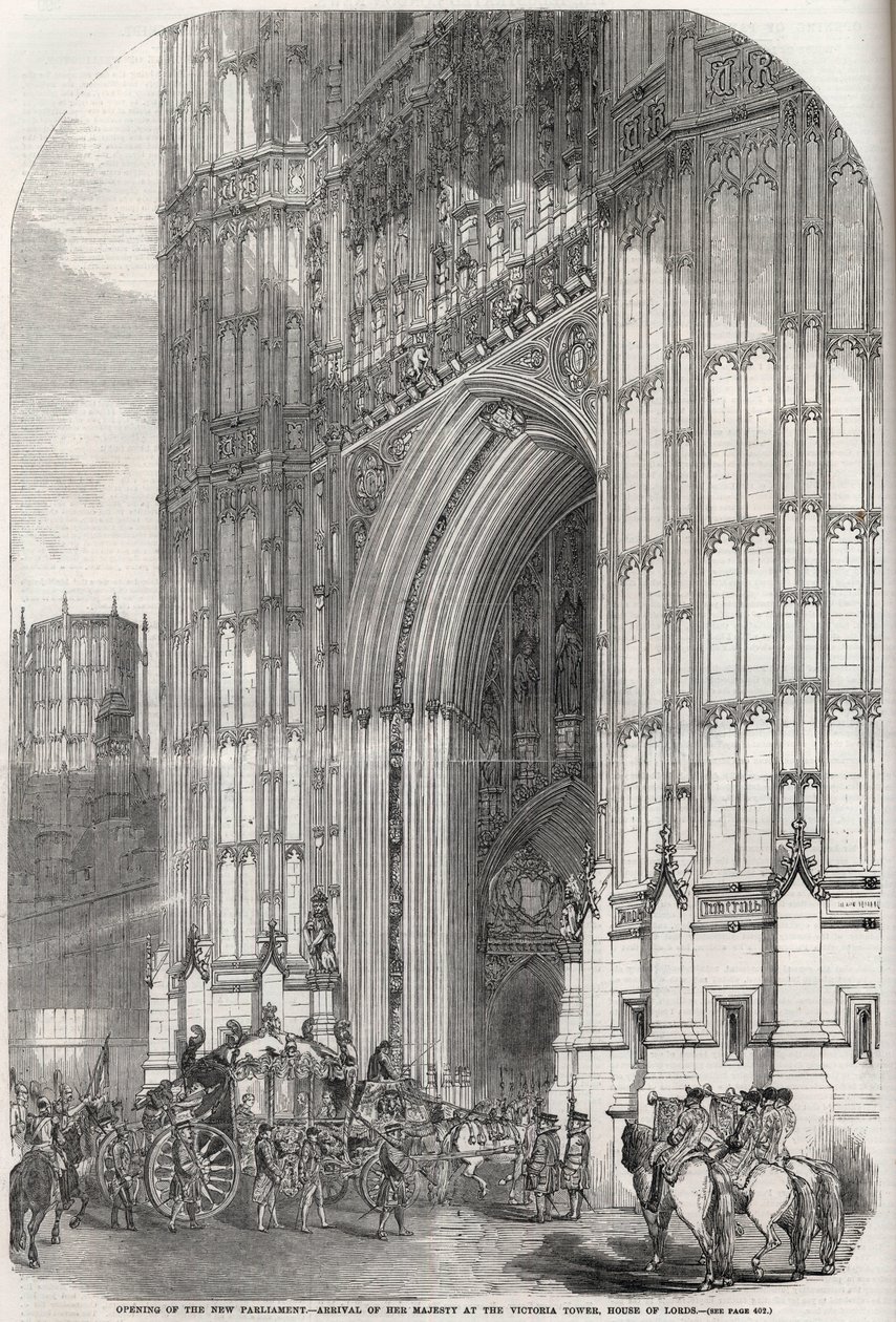 Yeni parlamentonun açılışı - Majestelerinin Victoria kulesine gelişi, Lordlar Kamarası 1852 by Unknown artist