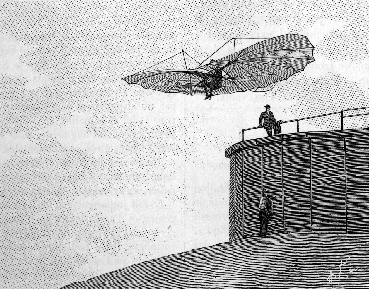 Alman havacılık öncüsü Otto Lilienthal (1848-1896), uçan uçağıyla ahşap kulesinden atlıyor (anlık bir fotoğraftan). 3 Şubat tarihli “” La Nature: revue des sciences et de leurs apps aux arts et a l
