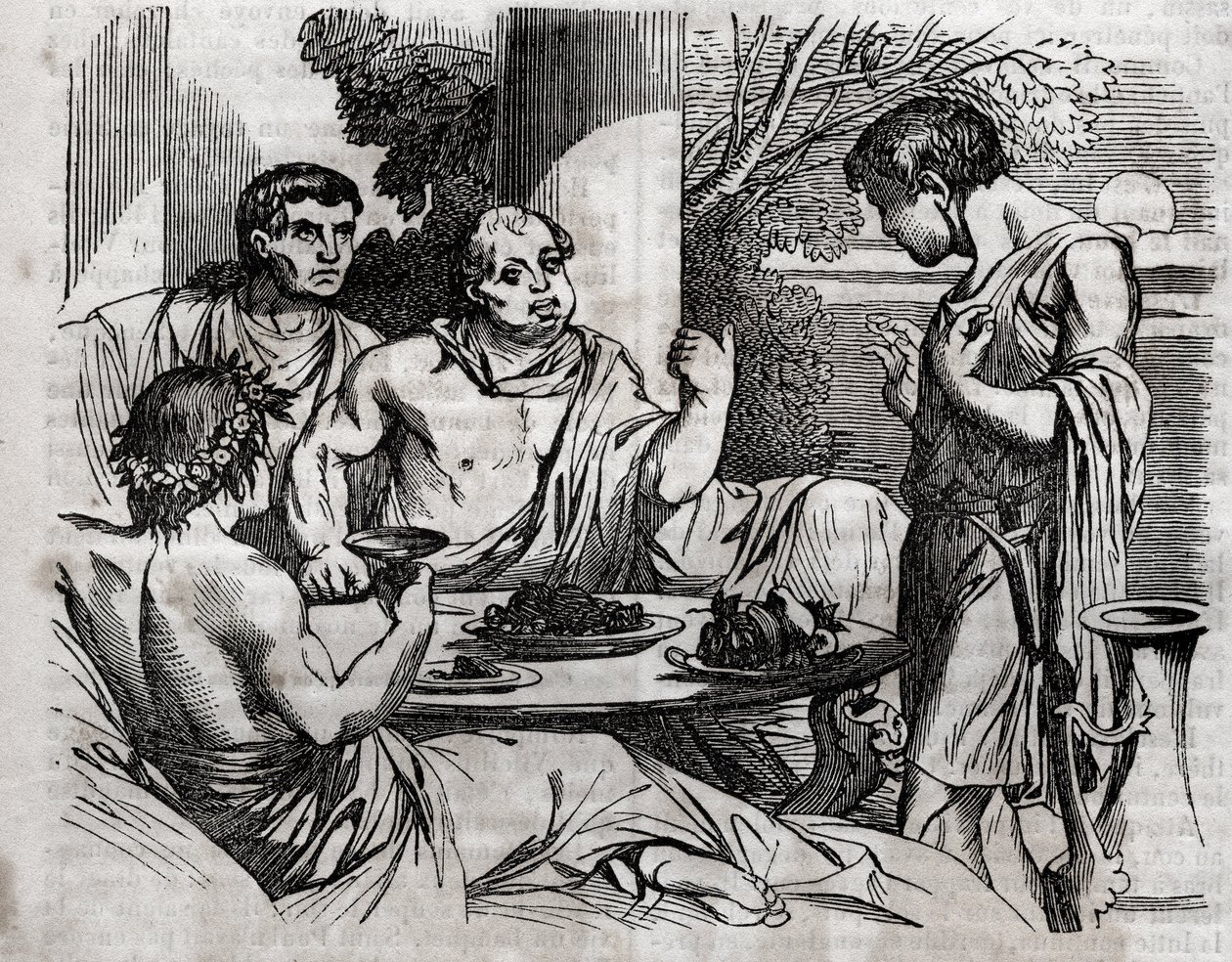 Açık hava ziyafet sahnesi - Vitellius (Aulus Vitellius Germanicus Imperator Augustus) Roma imparatoru (15-69) bir şölen veriyor - “” Evrensel Sağlık - Aileler için Tıbbi Rehber” de gravür 1852 by Unknown artist