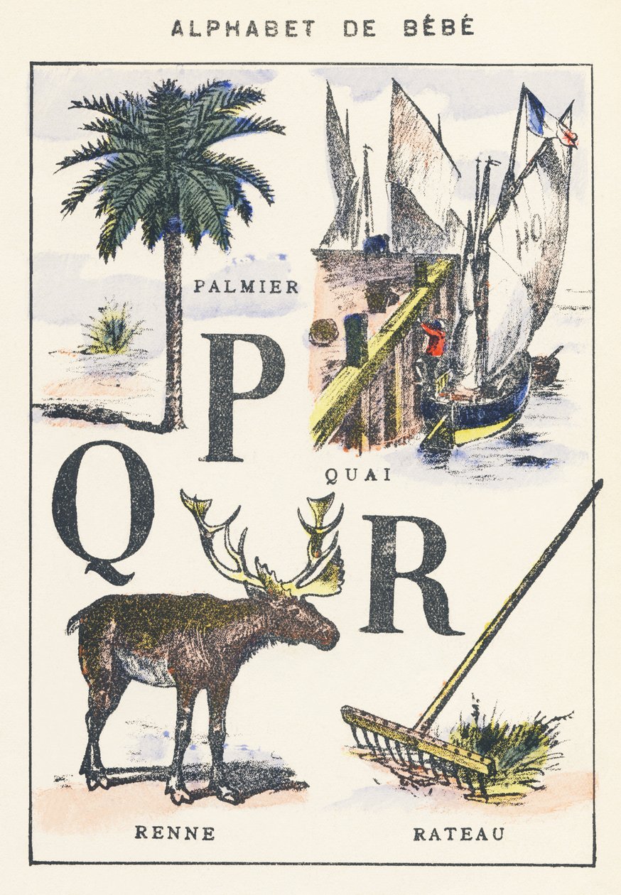 P Q R: palmiye ağacı, rıhtım, ren geyiği, tırmık by Unknown artist