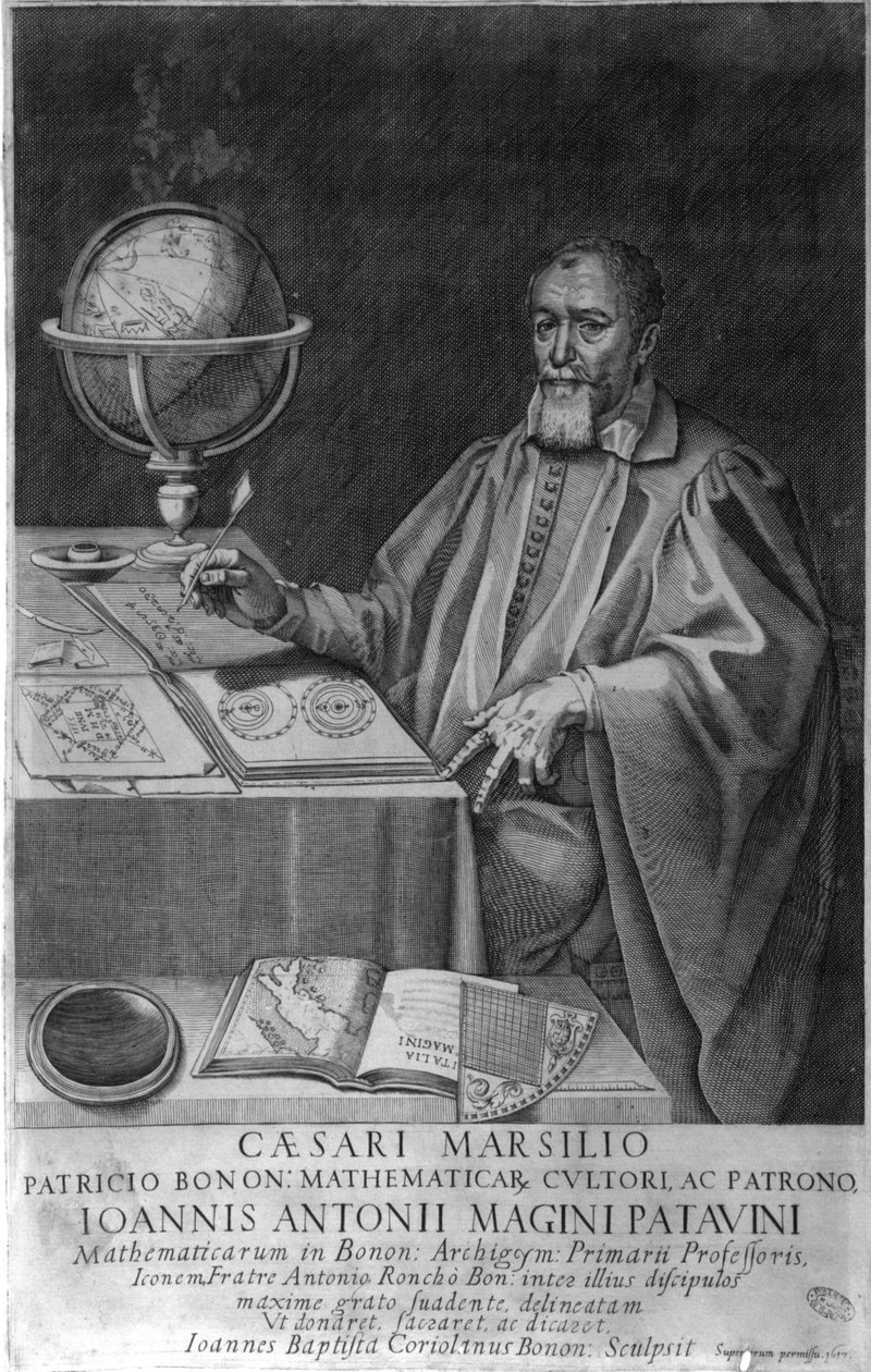 Padova Giovanni Luciano Magini (Latince Antonius Maginus), 16-17. yüzyıl matematikçisi ve astronomu, astronom cihazlarıyla ofisinde. 1617 gravür. by Unknown artist