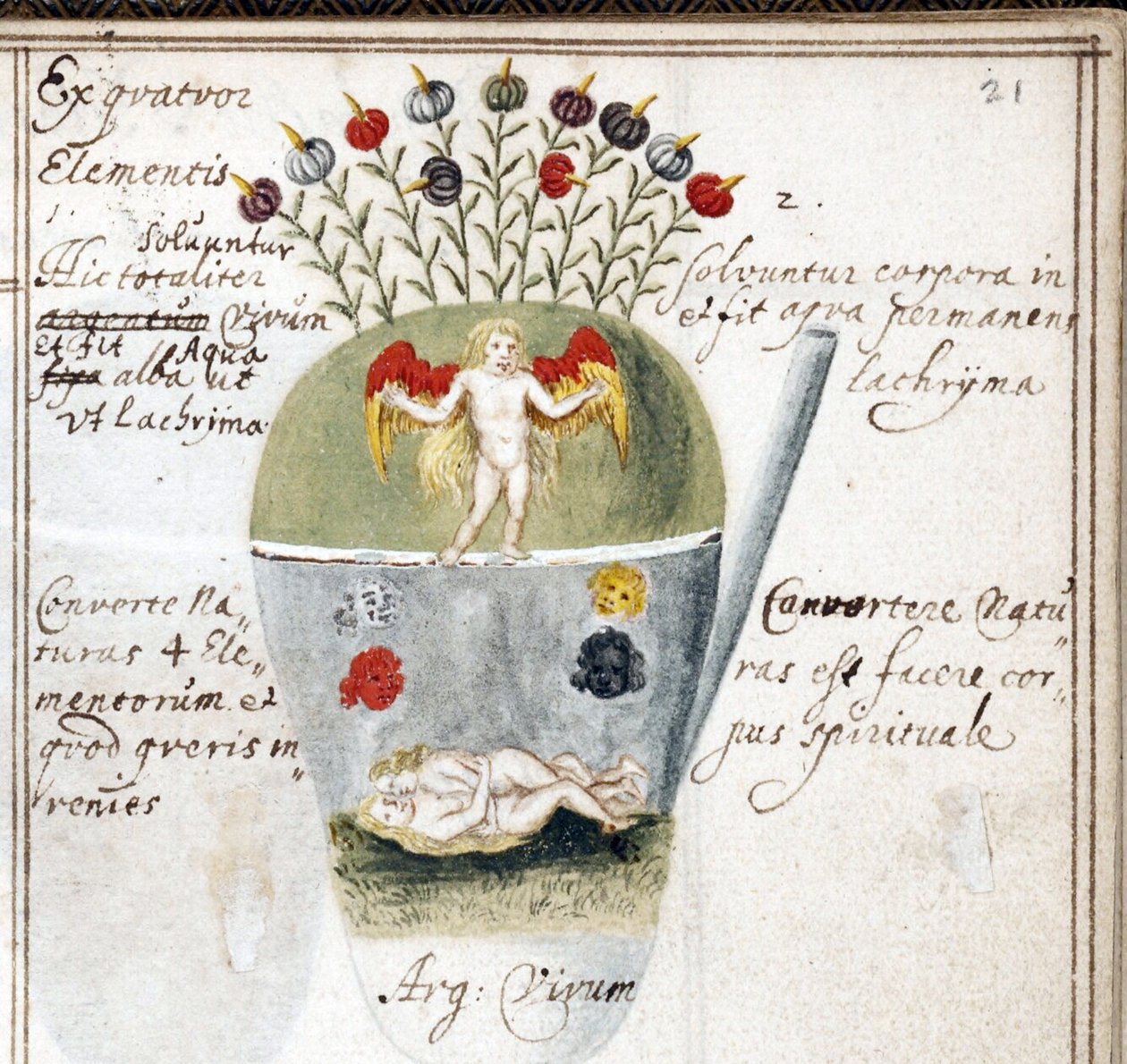 Bir simya defterinden sayfa, bir çift ve bir melek - Johann Grasshoff (Grasshof veya Grasse) (1560-1623), parşömen üzerine suluboya (14.6x10 cm), yaklaşık 1620 - (Simya defteri, J. Grasshoff tarafından parşömen üzerine suluboya , c.1620) - Yale Üniversites by Unknown artist