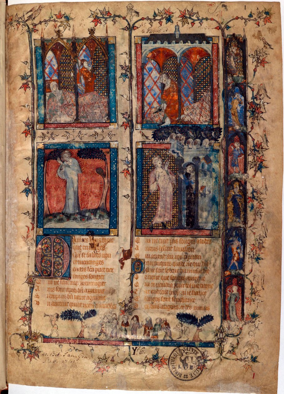 Guillaume de Lorris (yaklaşık 1200-1238) ve Jean de Meun (Meung) (1240-1305) tarafından 1353 dolaylarında İsviçre Bibliotheque de Geneve tarafından yazılan "Le Roman de la Rose" el yazmasından ışıklı sayfa by Unknown artist
