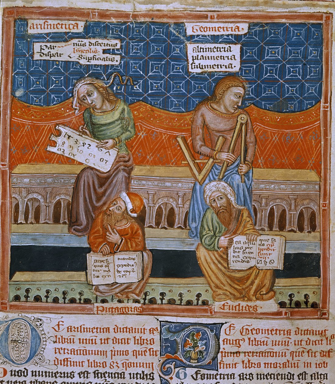 Aritmetik ve geometri alegorilerini temsil eden bir el yazmasının sayfası (el yazması) by Unknown artist