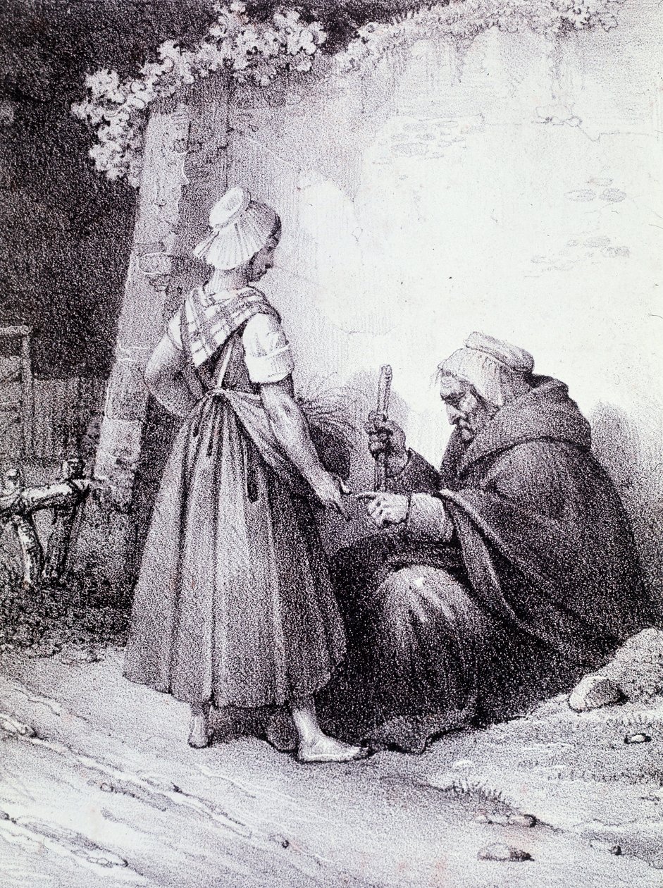 El falı: yaşlı bir falcı genç bir kızın elini okur (Gravür) by Unknown artist