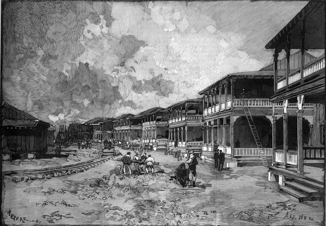 Panama Kanalı. Yeni Kristof Kolomb a Colon şehrinin caddesi: işçi konutları. “” Le Monde Illustré” de gravür by Unknown artist