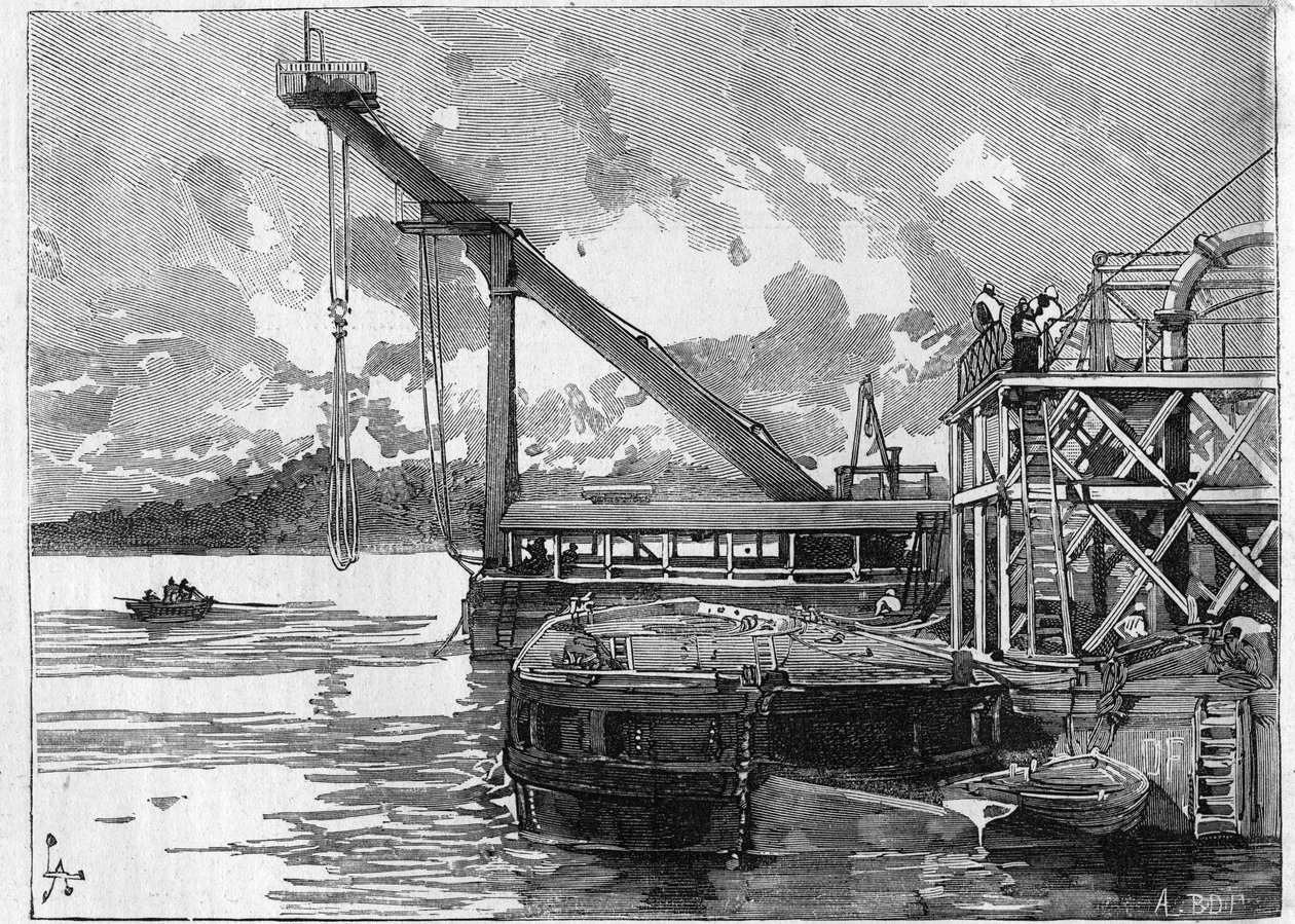 Panama Kanalı çalışıyor. Ana makineler: Bigue duba. “” Le Monde Illustré” de gravür by Unknown artist