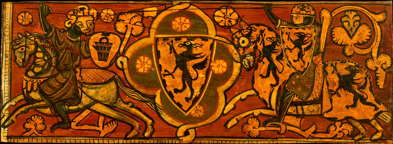 Hıristiyan şövalye ile Müslüman şövalye arasındaki kavgayı temsil eden pano - Hıristiyan şövalye ile Müslüman arasındaki kavgayı içeren tavan paneli - Anonim - c. 1300 - Panelde Tempera - 24.2x66.3 - Museu Nacional d