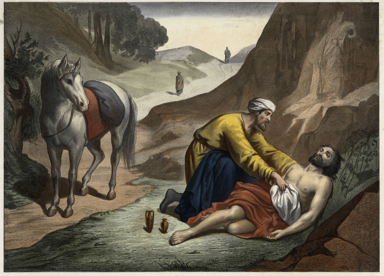 İyi Samiriyeli benzetmesi - İyi Samiriyeli benzetmesi: Samiriyeli, ölmekte olan adamı kurtarmak için yolda durdu. 19. yüzyılın ortalarından anonim gravür. by Unknown artist