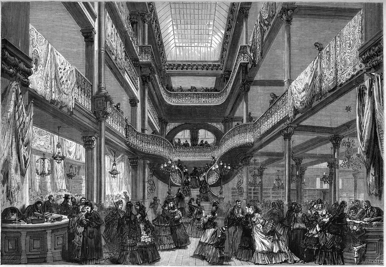 Paris 1872: yeni mağazaların içi, “” Ucuza””. by Unknown artist