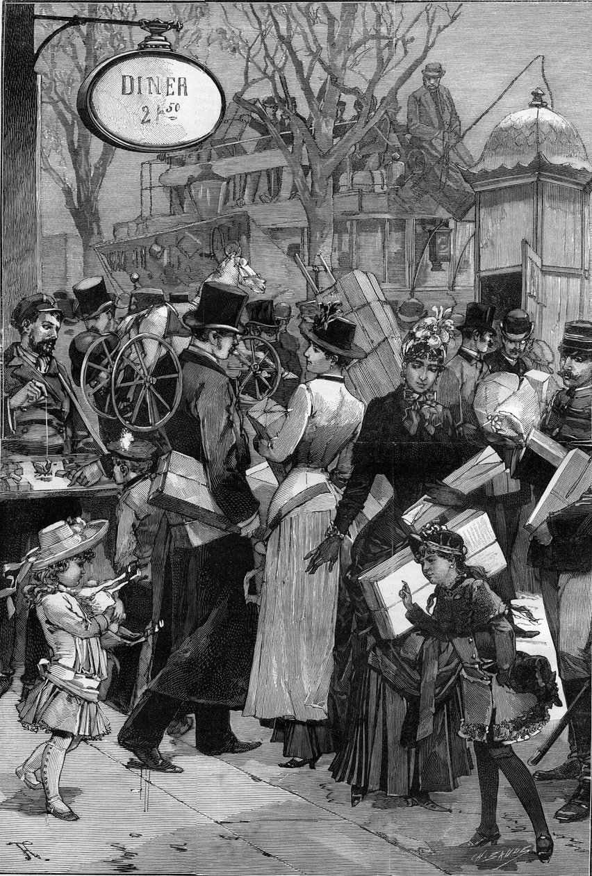 Paris: Paket Haftası: Parisliler Noel hediyeleri için oyuncak alışverişi ve satın alma. “” Le Monde Illustré” de gravür by Unknown artist