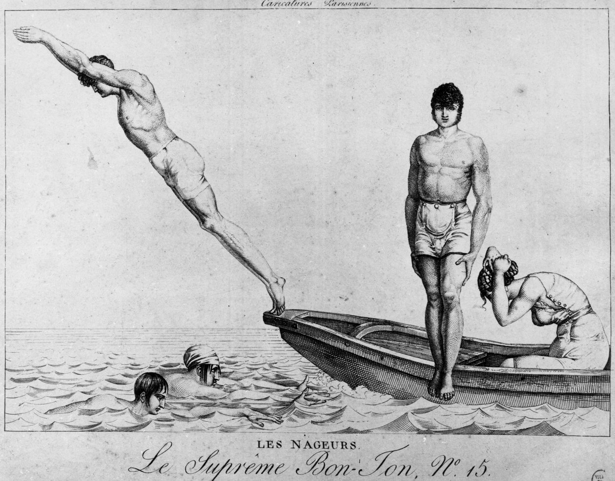 Paris çizgi filmi: yüzücüler, bir tekneden dalış yapan erkekler - yüce Bon-Ton, n°15, Musee Carnavalet by Unknown artist