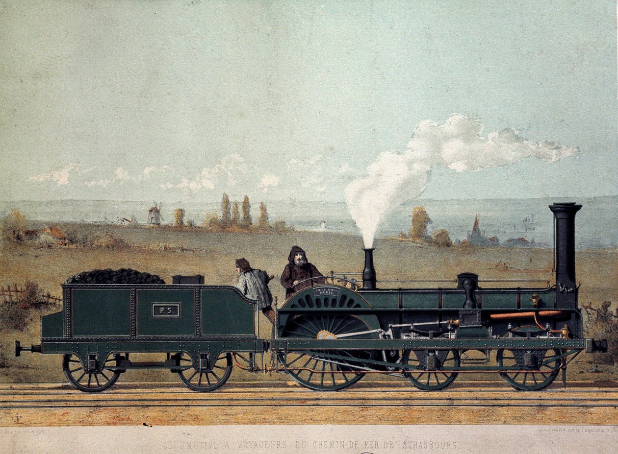 Strasbourg Demiryolunun yolcu lokomotifi ve kömür vagonu (Crampton sistemi) by Unknown artist