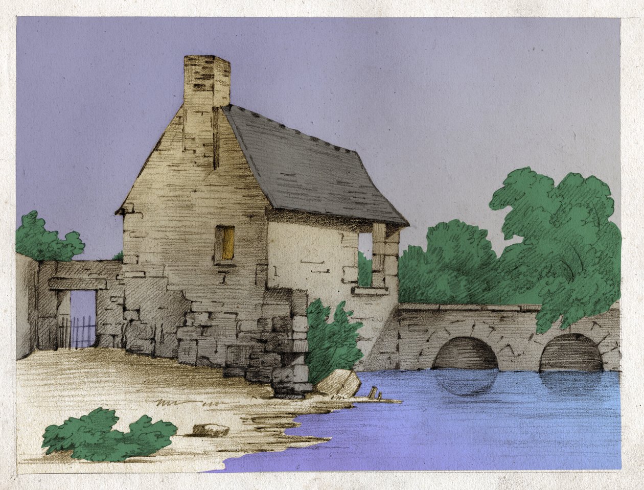 Bir nehir kenarında köylü evi. (Çizim, yaklaşık 1830) by Unknown artist
