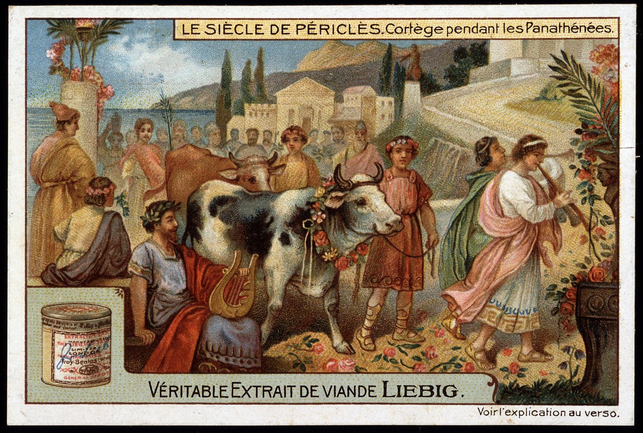 Perikles yüzyılı (MÖ 495-429): Panathenees sırasında kortej - Liebig kromolitografisi by Unknown artist