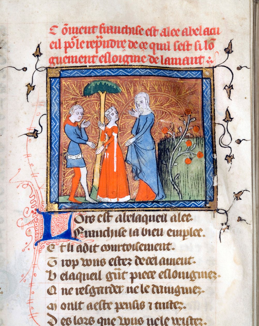 ""Konuşmadaki karakterler"" Guillaume de Lorris (1200-1238 civarında) ve Jean de Meun (Meung) (1240-1305) tarafından 1365 civarında "Le Roman de la Rose" el yazmasından ışıklandırılmış sayfa 1365 Chicago Üniversitesi Kütüphane Devletleri Birleşik by Unknown artist