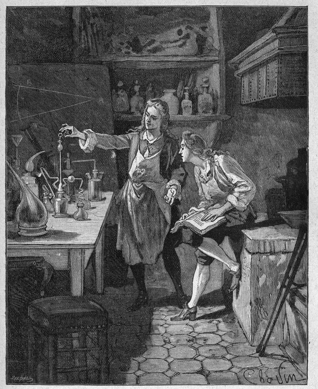 Orleans Dükü II. Philip (1674-1723) Humbert ile kimya yapıyor. 19. yüzyılın gravürü. Jules Michelet