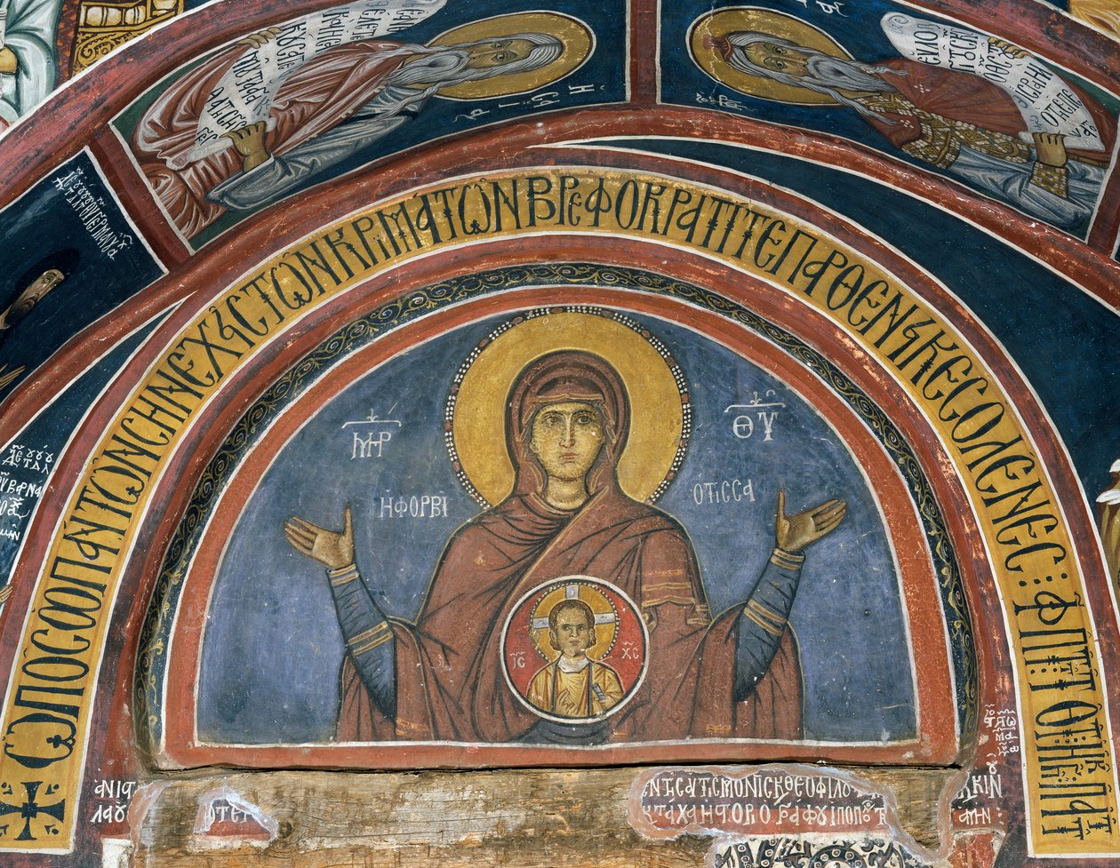 Phorbiotissa Panagia, Our Lady of Christ in Medallion, fresk (1332-1333), Our Lady of Asinou (12. yüzyıl) Bizans kilisesi (Unesco Dünya Mirası Listesi, 2001), Trodos dağları, Kıbrıs by Unknown artist