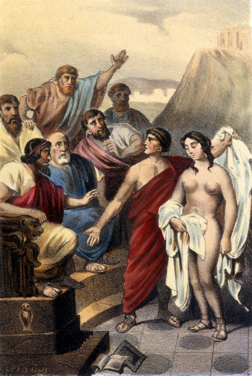 Phryne (Yunan fahişe) Atina yargıçları önünde. by Unknown artist