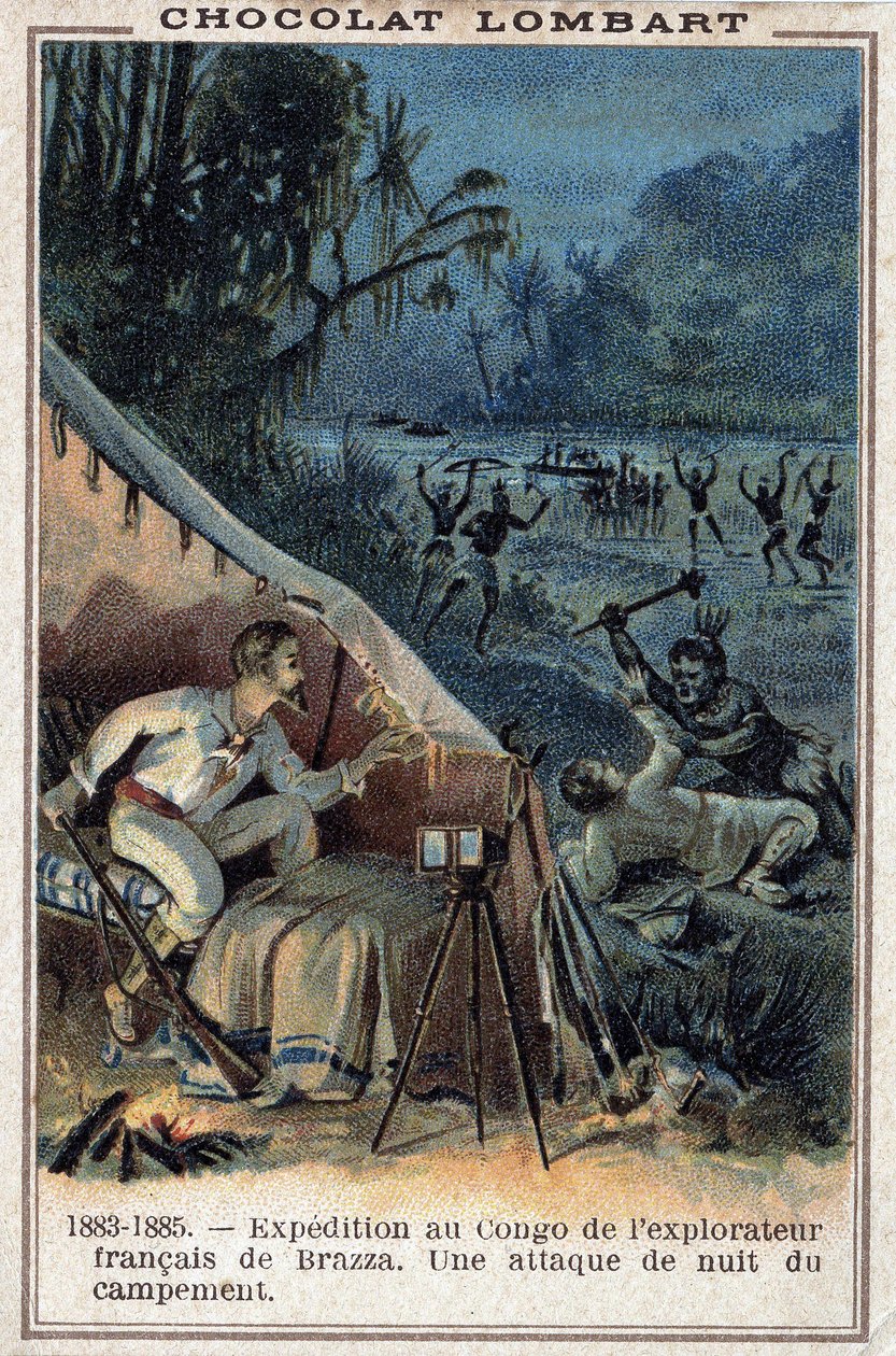 Pierre Savorgnan de Brazza (1852-1905), Fransız kaşif, Kongo kıyısında. Kampın bir gece saldırısı. by Unknown artist