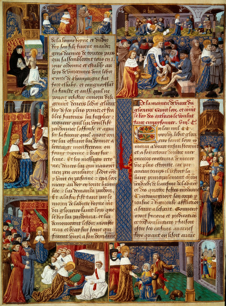 Piete sahnesi: “” Kral Louis IX (1214-1270) (Saint Louis) fakirlerin ayaklarını yıkamak, kral dua ediyor ve kraldan Hıristiyan sadaka sahneleri”” Bir el yazmasından minyatür “” Monsenyör Aziz
