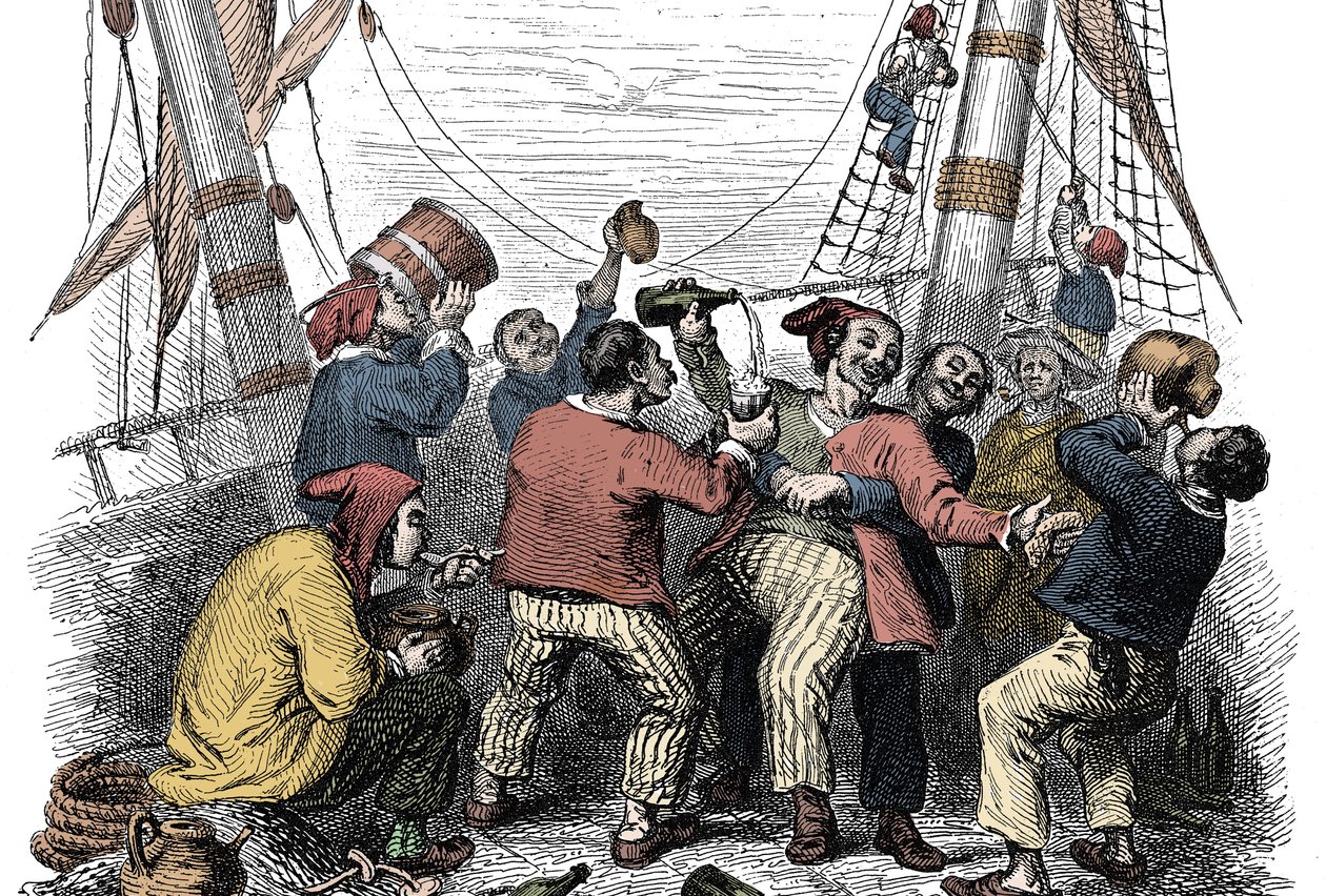 Bir düşman gemisinin saldırısından sonra zengin bir ganimetin ele geçirilmesini kutlayan korsanlar. 19. yüzyıl gravürü by Unknown artist
