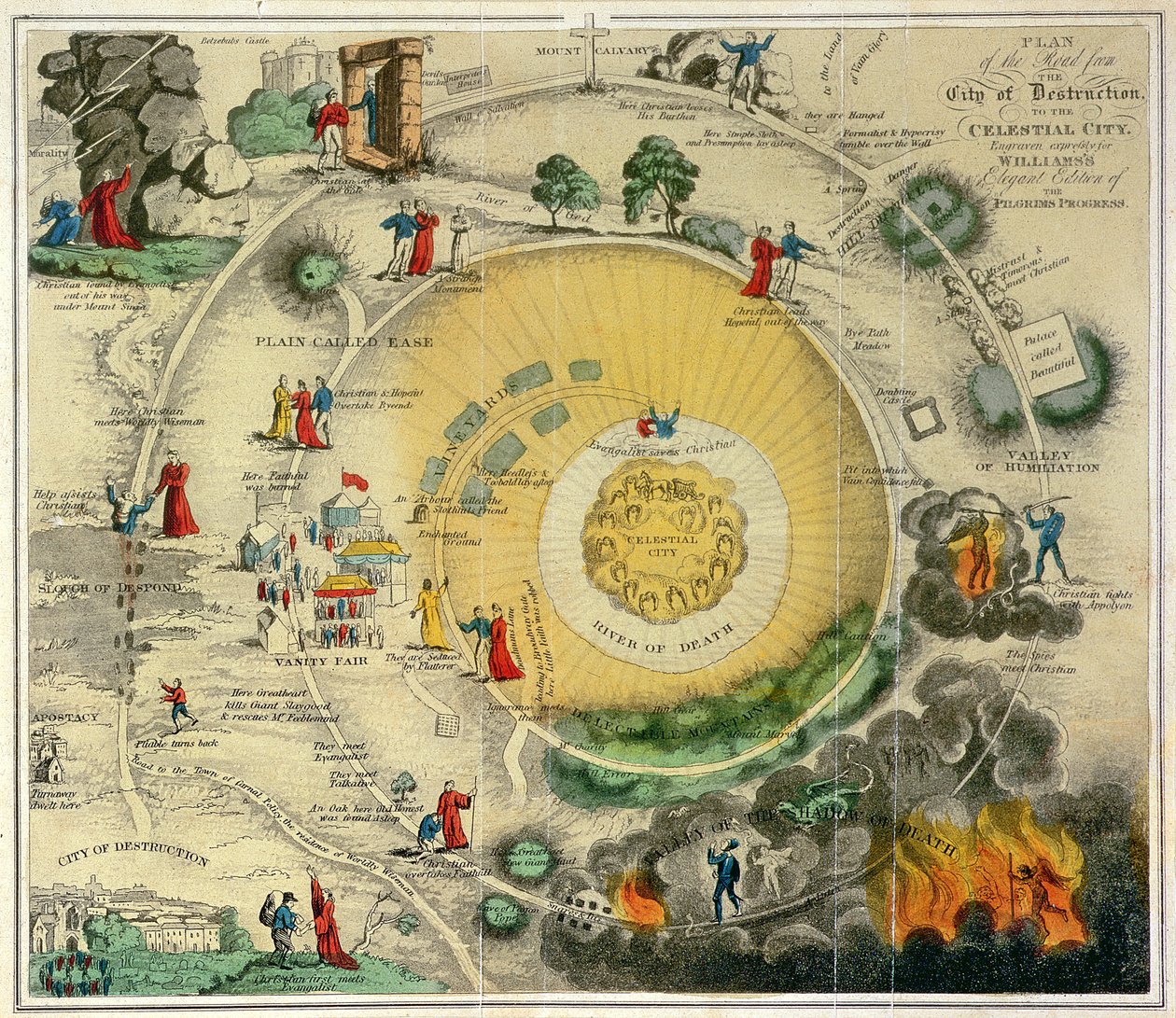 "Yıkım Şehri'nden Göksel Şehir'e Giden Yolun Planı, Williams'ın The Pilgrim's Progress'in Zarif Baskısı için özel olarak oyulmuş" by Unknown artist