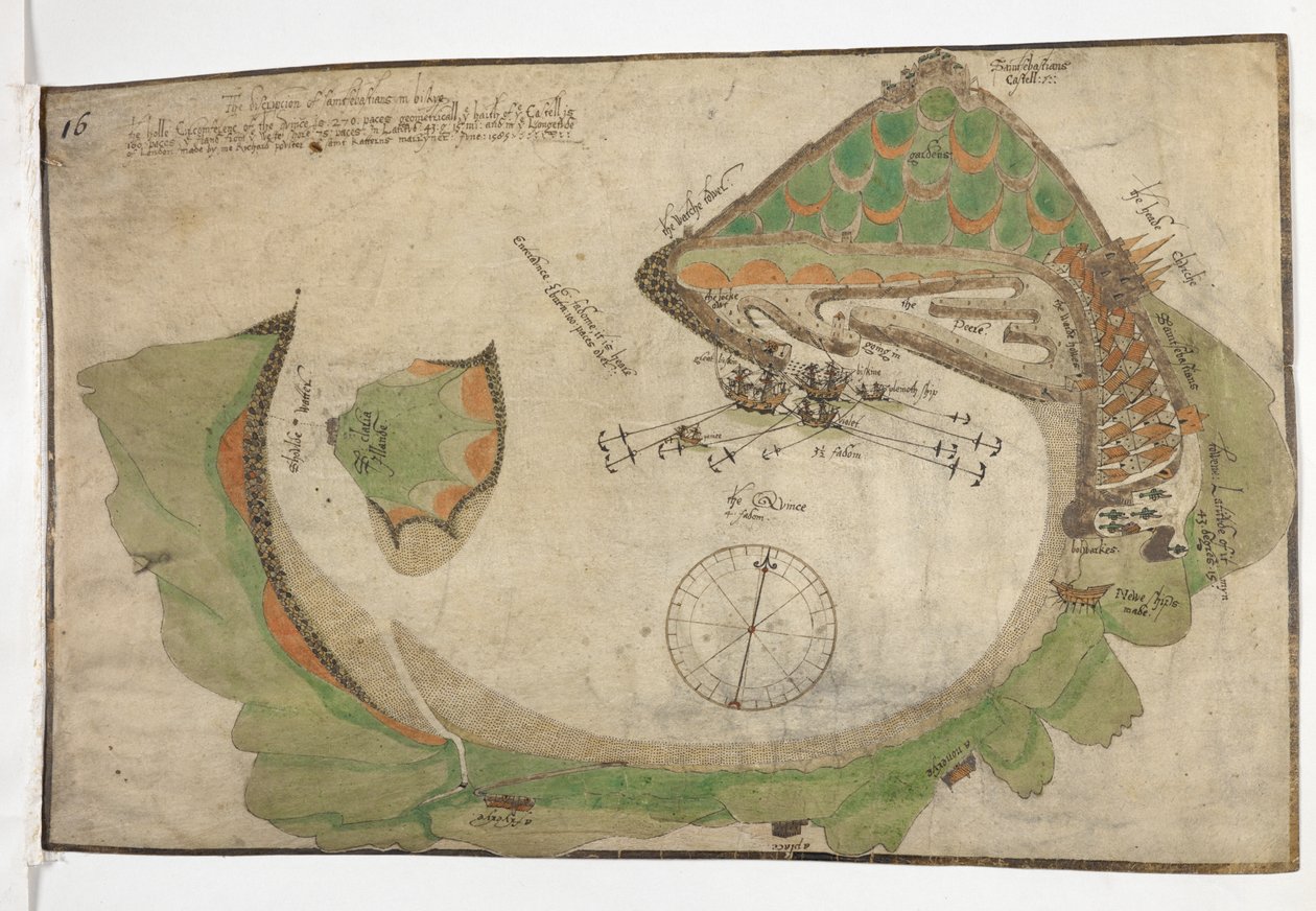 Richard Poulter tarafından çizilen San Sebastian kasabası ve limanının planı, Haziran 1585 by Unknown artist