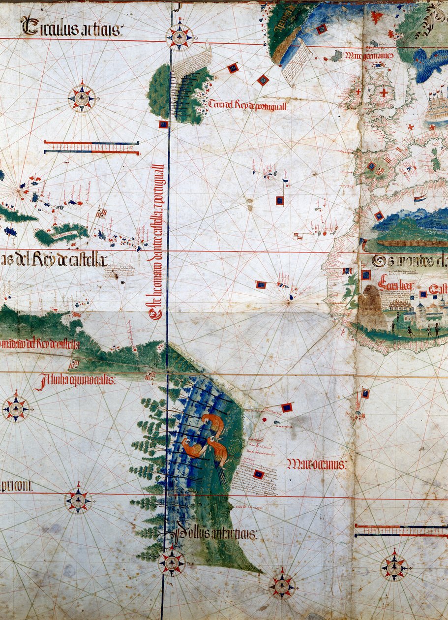 Cantino Planisphere: Tordesillas Antlaşması (1494) tarafından Portekiz ve İspanyol Amerikası arasında empoze edilen sınır çizgisini temsil eden 1502