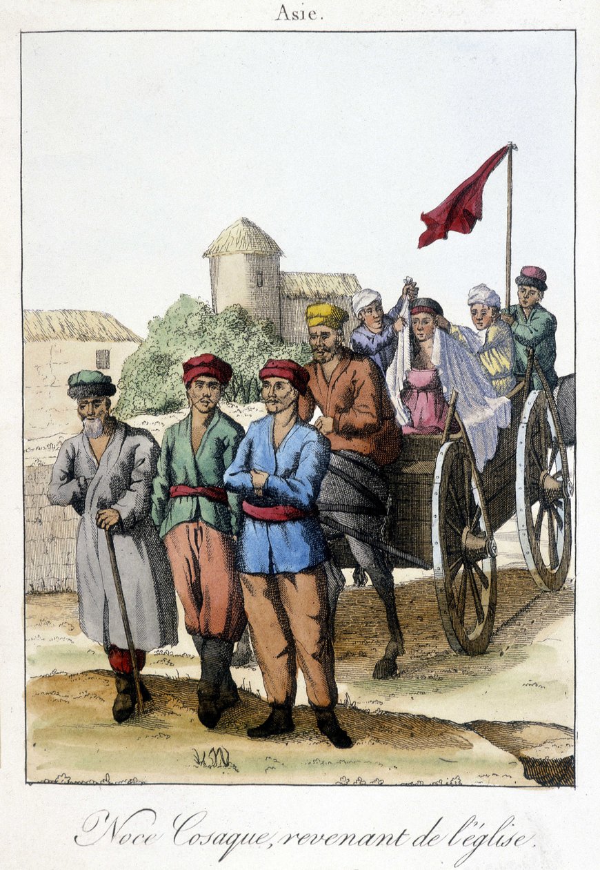 Bir düğünden sonra kiliseden dönen bir grup Kazak