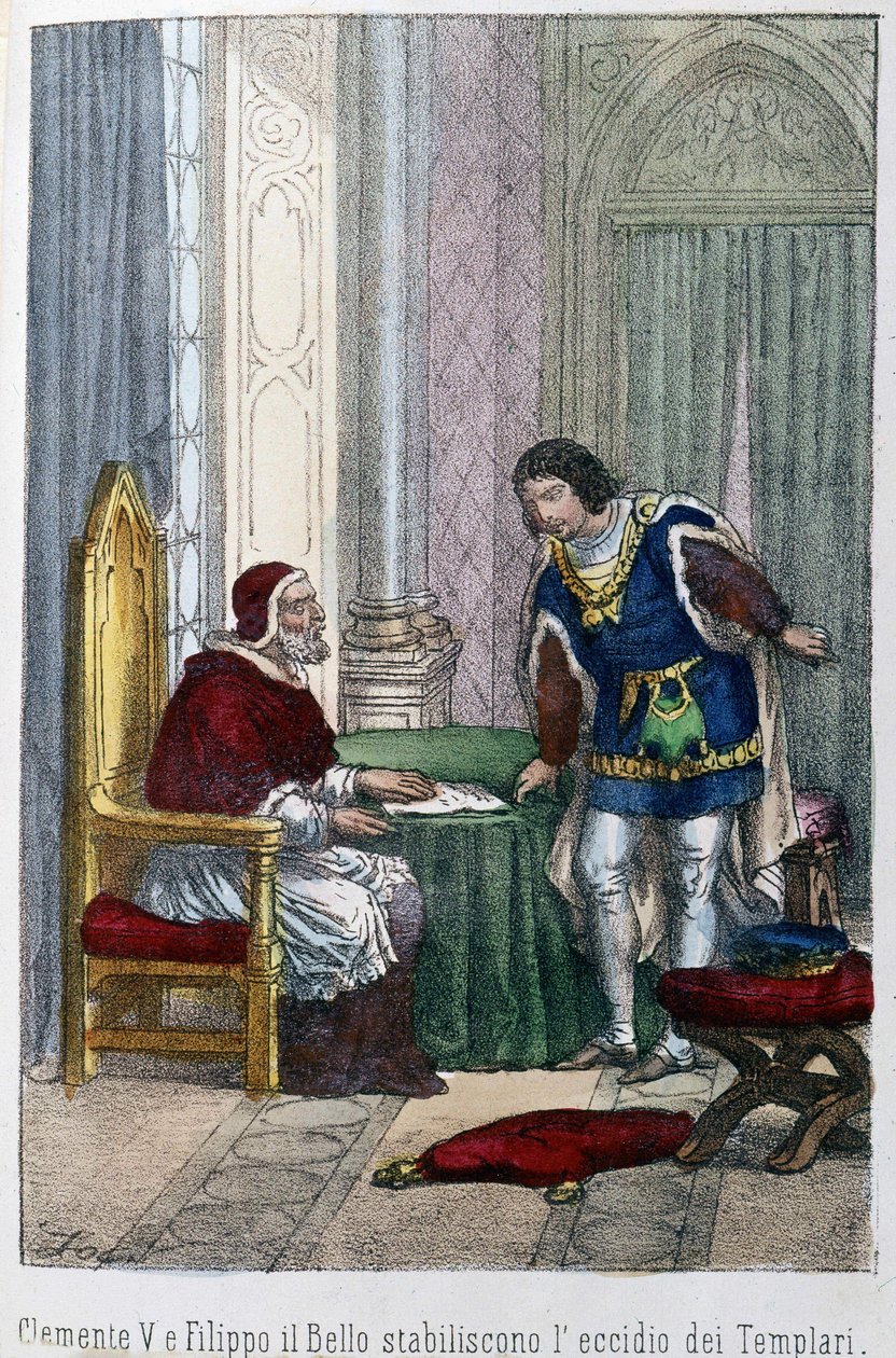 Papa Clement V ve Fransa Kralı Philip IV Bel, Tapınakçıları ortadan kaldırmaya karar verdi. by Unknown artist