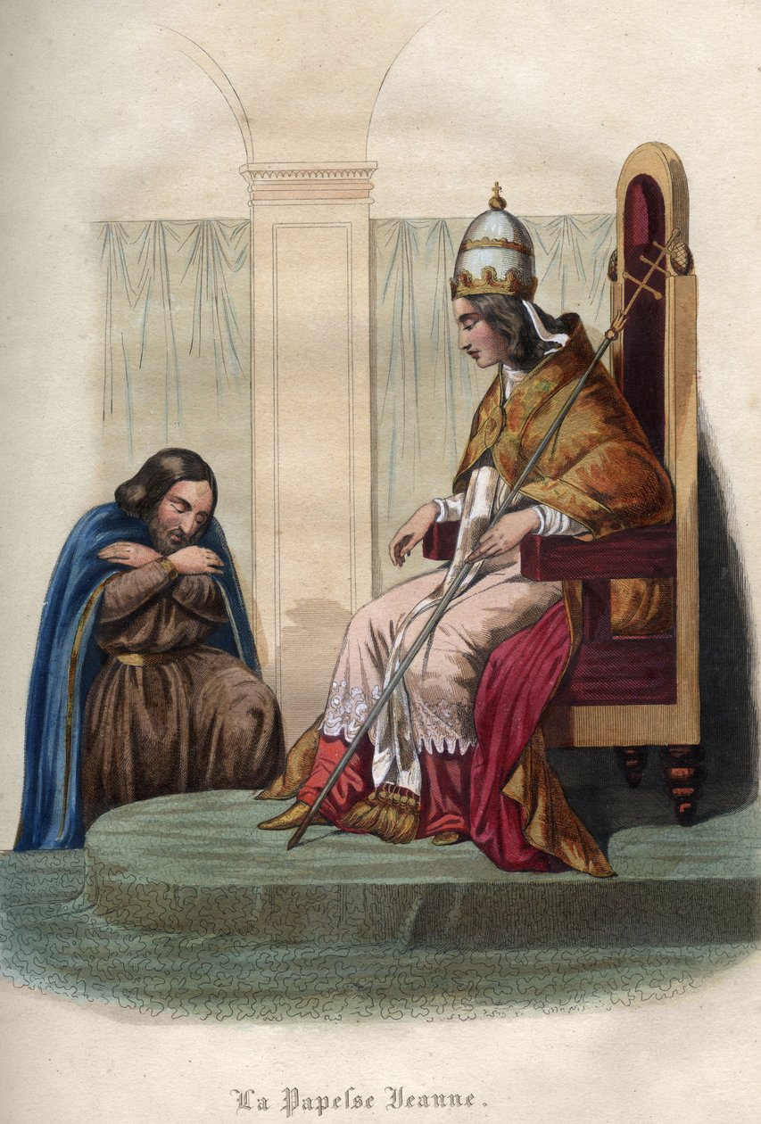 855-858 yılları arasında hüküm süren Papa Joan, papalık cübbesi giyiyor. Papalık kıyafetleri içinde Papess Jeanne (855