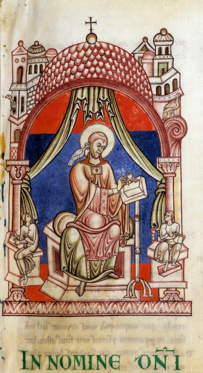Papa St. Gregoire I the Great (540-604) iki sekreter tarafından kuşatıldı. Omzunda Kutsal Ruh