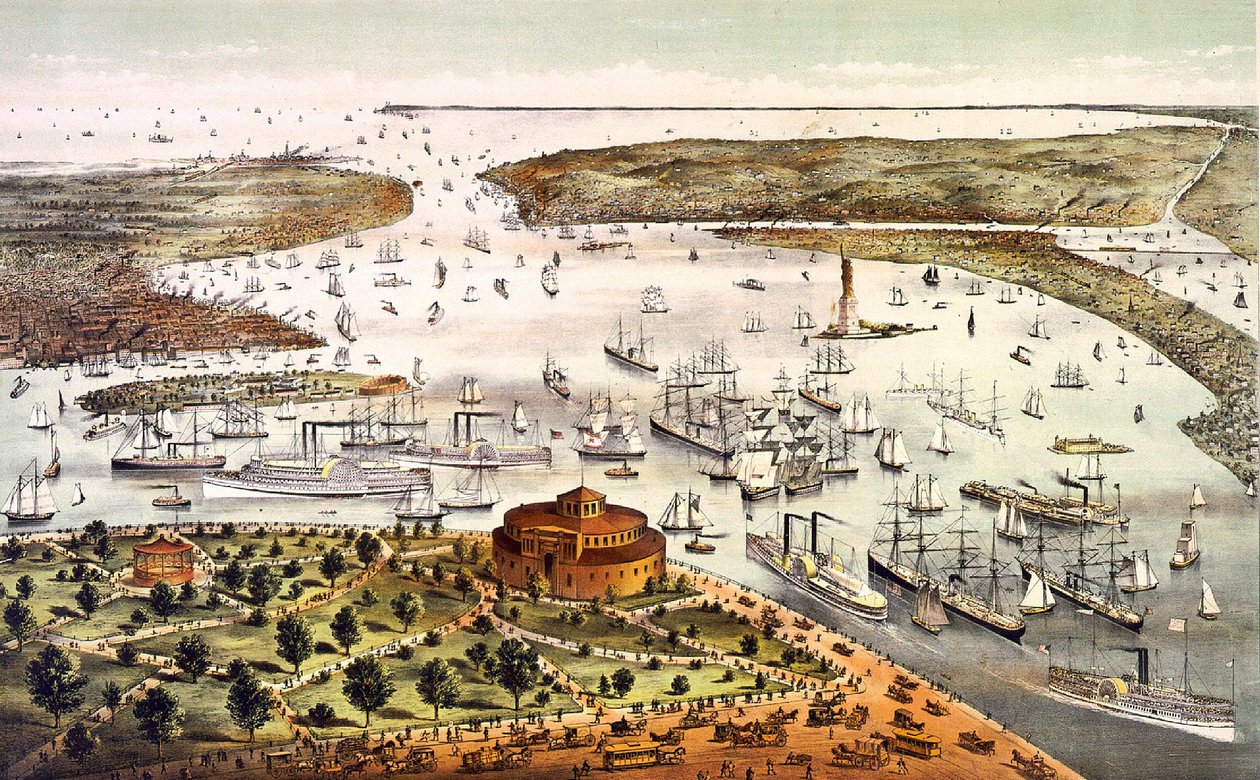 New York Limanı; hava görünümü. Gravür v. 1892. by Unknown artist