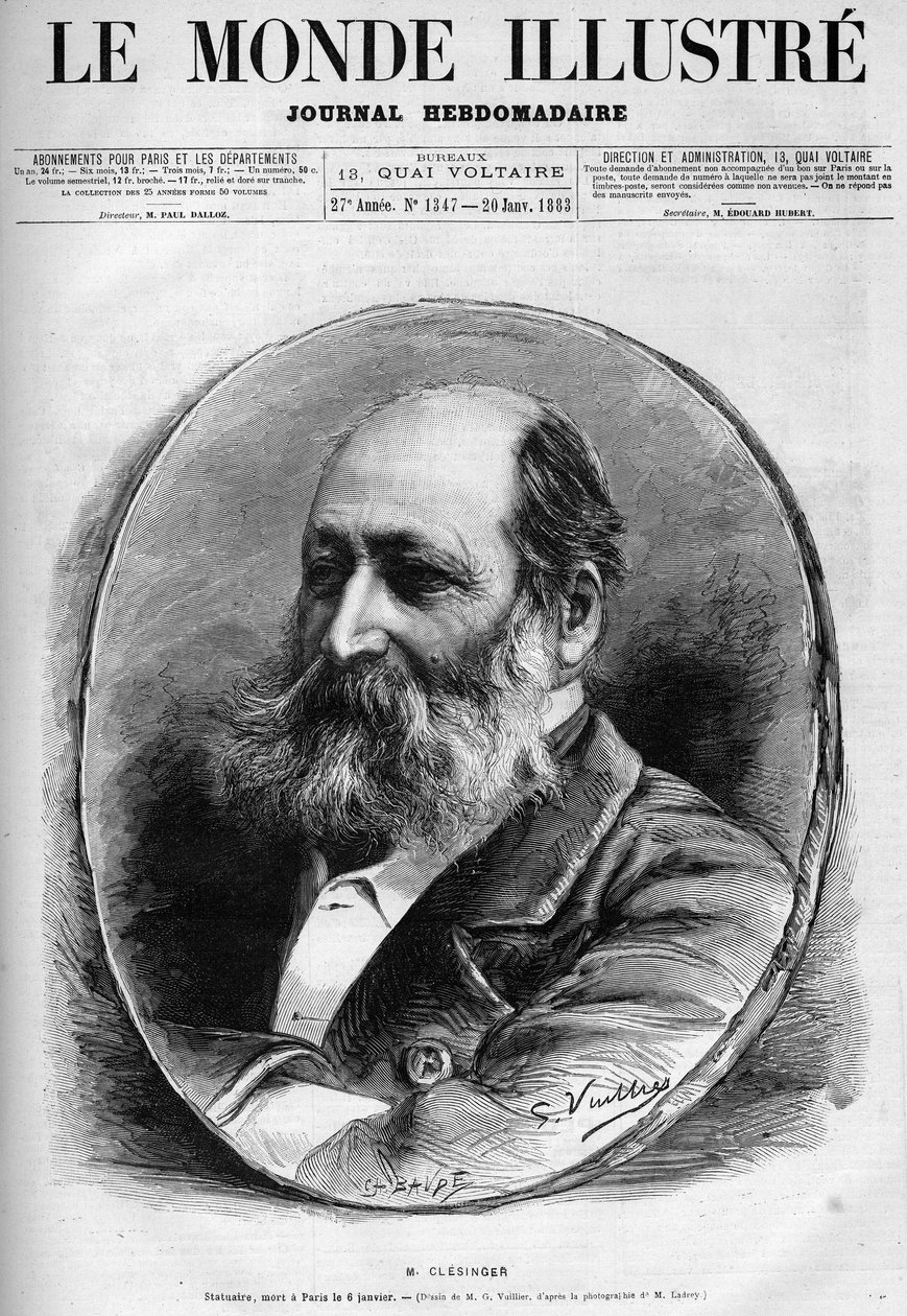 Auguste Clesinger (1814-1883), Fransız heykeltıraş ve ressamın portresi. Gravür “Le Monde şanlı” 1883. Özel koleksiyon. by Unknown artist
