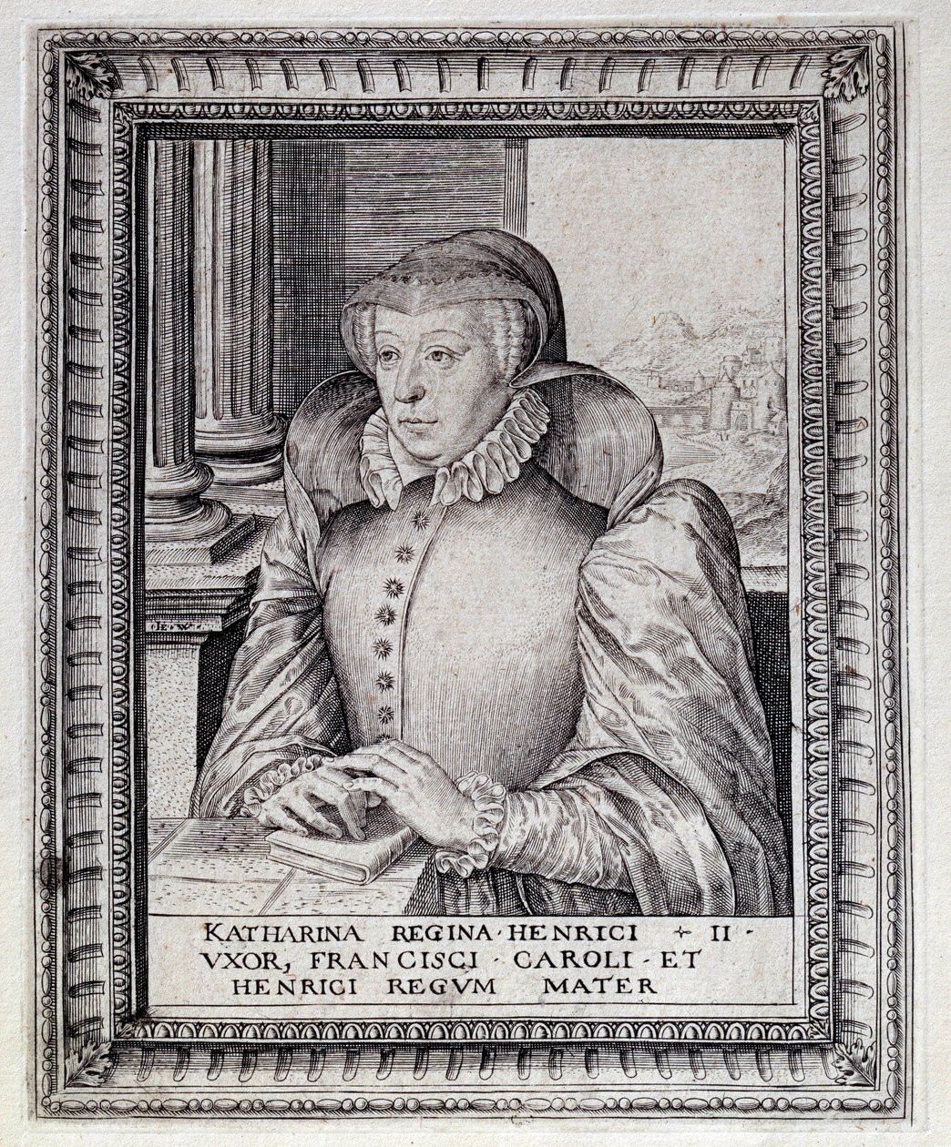 Fransa Kraliçesi Catherine de Medicis'in (Caterina de Medici) (1519-1589) portresi. 16. yüzyılın gravürü. Pau, Musee Du Şatosu by Unknown artist