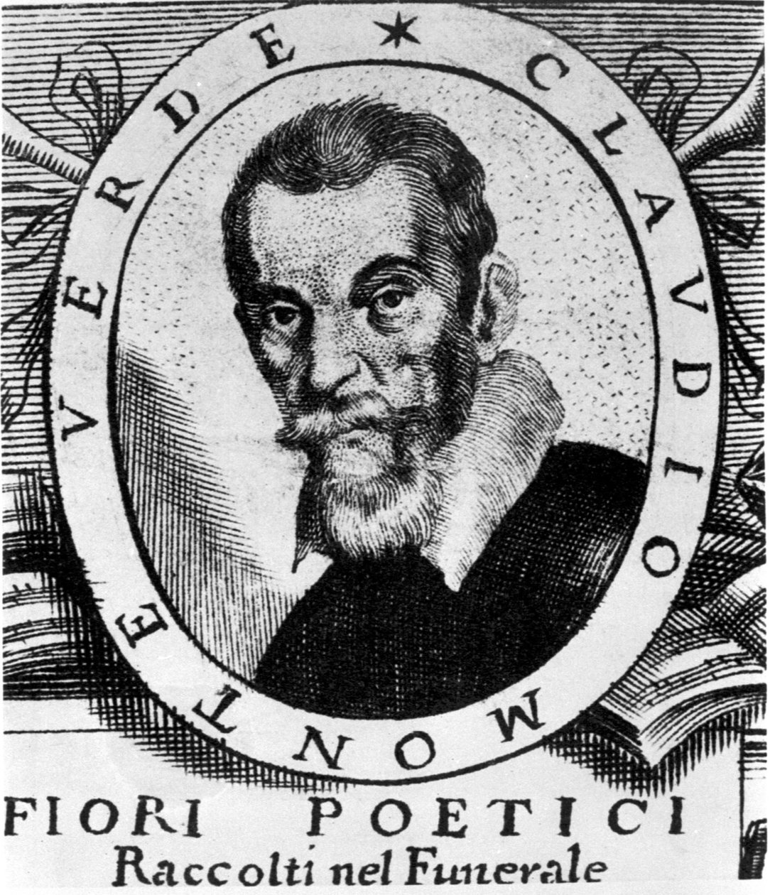 Claudio Monteverdi'nin portresi (1567 - 1643), 1644'te Venedik'te yayınlanan, çok ünlü ve çok saygıdeğer Signor Claudio Monteverdi'nin cenazesinde toplanan Fiori poetici'nin ön sayfasından sonra. by Unknown artist